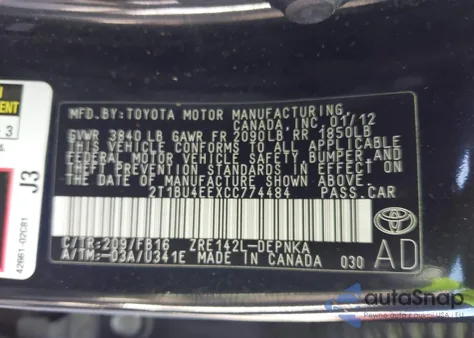 2012 Toyota Corolla Le z USA, uszkodzony, nr VIN 2T1BU4EEXCC774484